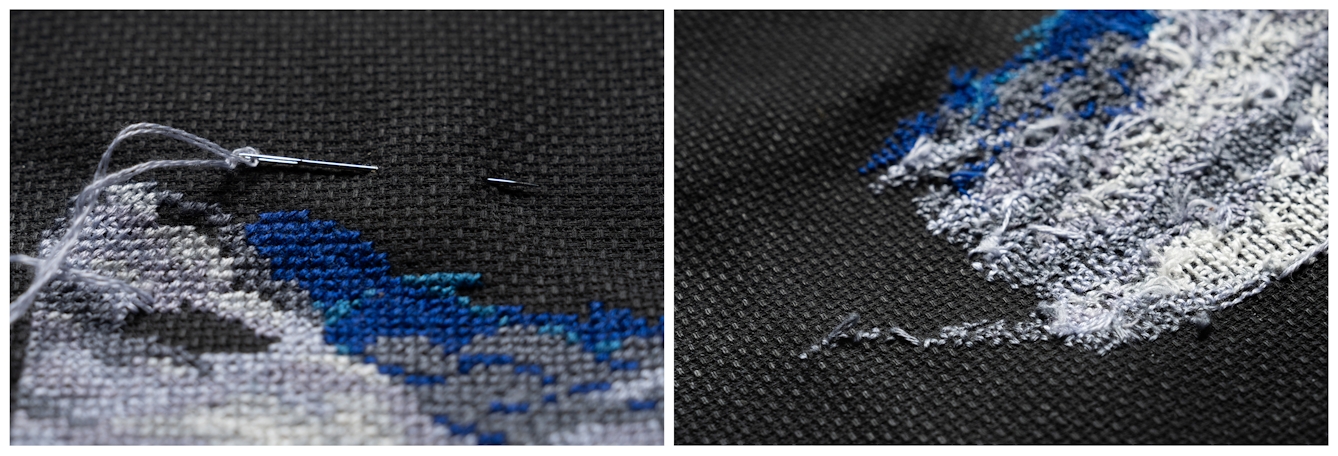 Two photographs placed next to each showing a closup view of a cross stitch piece from the front and the back. The white, blue and grey threads are stitched into a black base cloth.