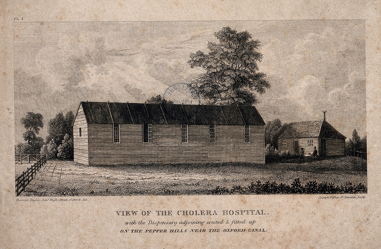 Side view of a Cholera Hospital in Oxford. The text reads: 'View of the Cholera Hospital with the Dispensary adjoining erected and fitted up on the Pepper Hills near the Oxford Canal'.