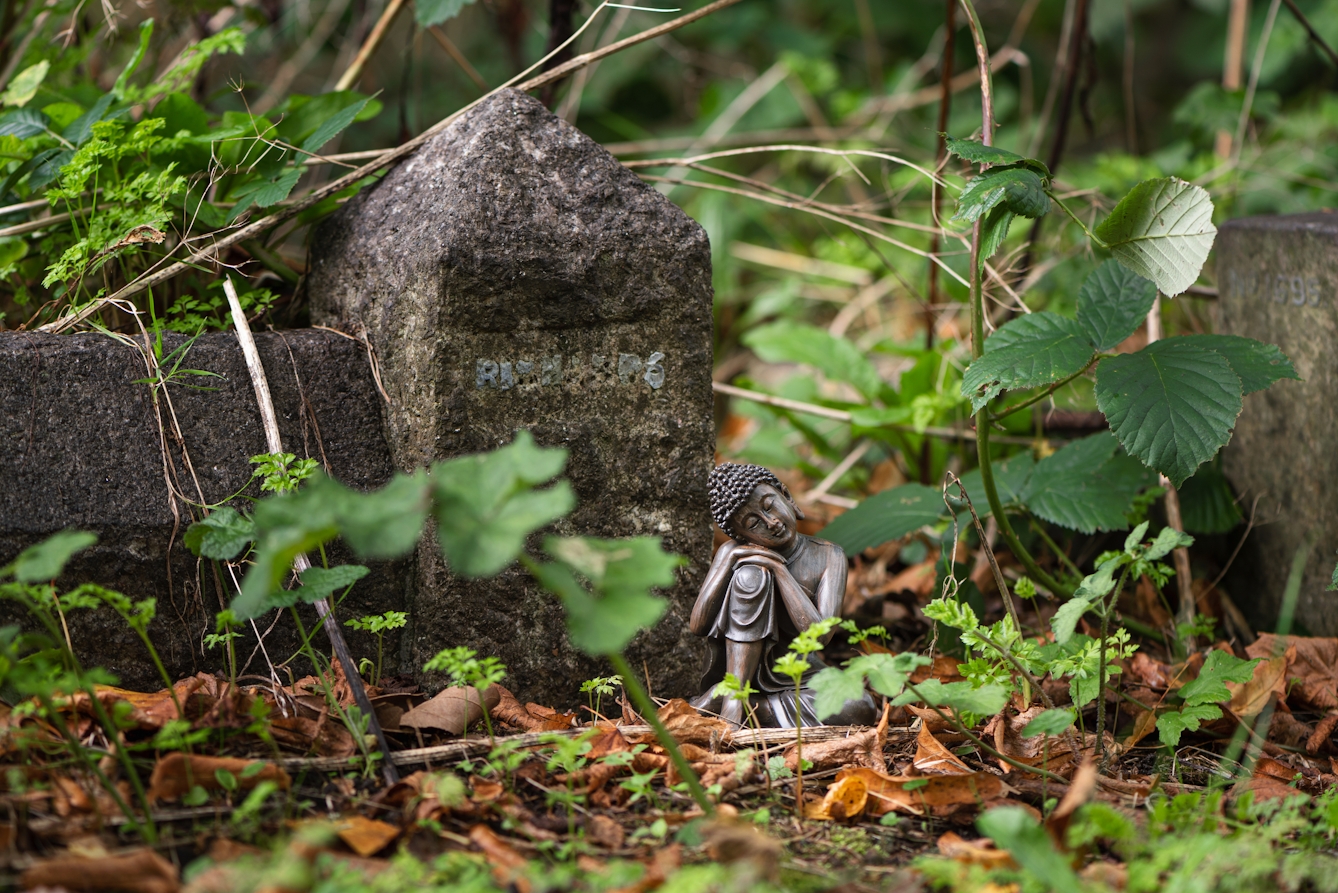 Photograph of small sitting Buddha within the surroundings of a cemetery, with grave stones and ivy.