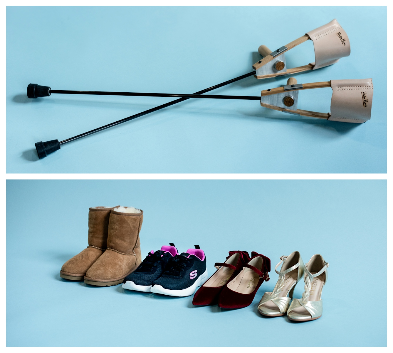 Photographic diptych. The image on the top shows a pair of designer crutches lying on a light blue background, one lain across the other to form a cross. The image on the bottom shows a line of 4 pairs of shoes on a light blue background, from suede ankle boots to trainers, to high heels.