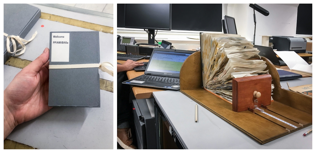 Photographic diptych. The image on the left shows a hand holding a small archival box, tied across the middle with conservation cord. On the box is the label, 'Wellcome. PP/AMI/B/65a'. The image on the right shows an office scene with desks, laptops and monitors. On the centre of the desk is a large wooded device with a scale on the base, used for measuring books. In the device is a large scrapbook, open to 90 degrees, all the pages fanning out.