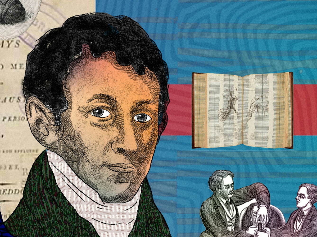A detail from a larger abstract digital illustration featuring two head and shoulders portraits of two males posed back to back, depicting the writer philosopher Samuel Taylor Coleridge on the left and chemist Humphry Davy on the right. On the left side by Coleridge there is a romantic image of a red poppy flower as well as an opium pipe. To the right side by Davy there is an archive image of someone inhaling pain relief gas as part of a medical procedure. 