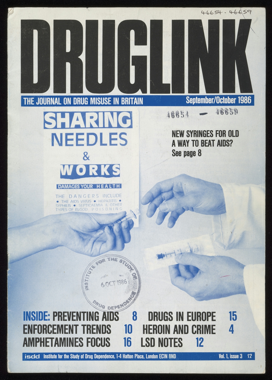 Front cover of a magazine, with black, blue and white text, and a blue-washed image of a person handing a syringe to someone wearing a white coat.