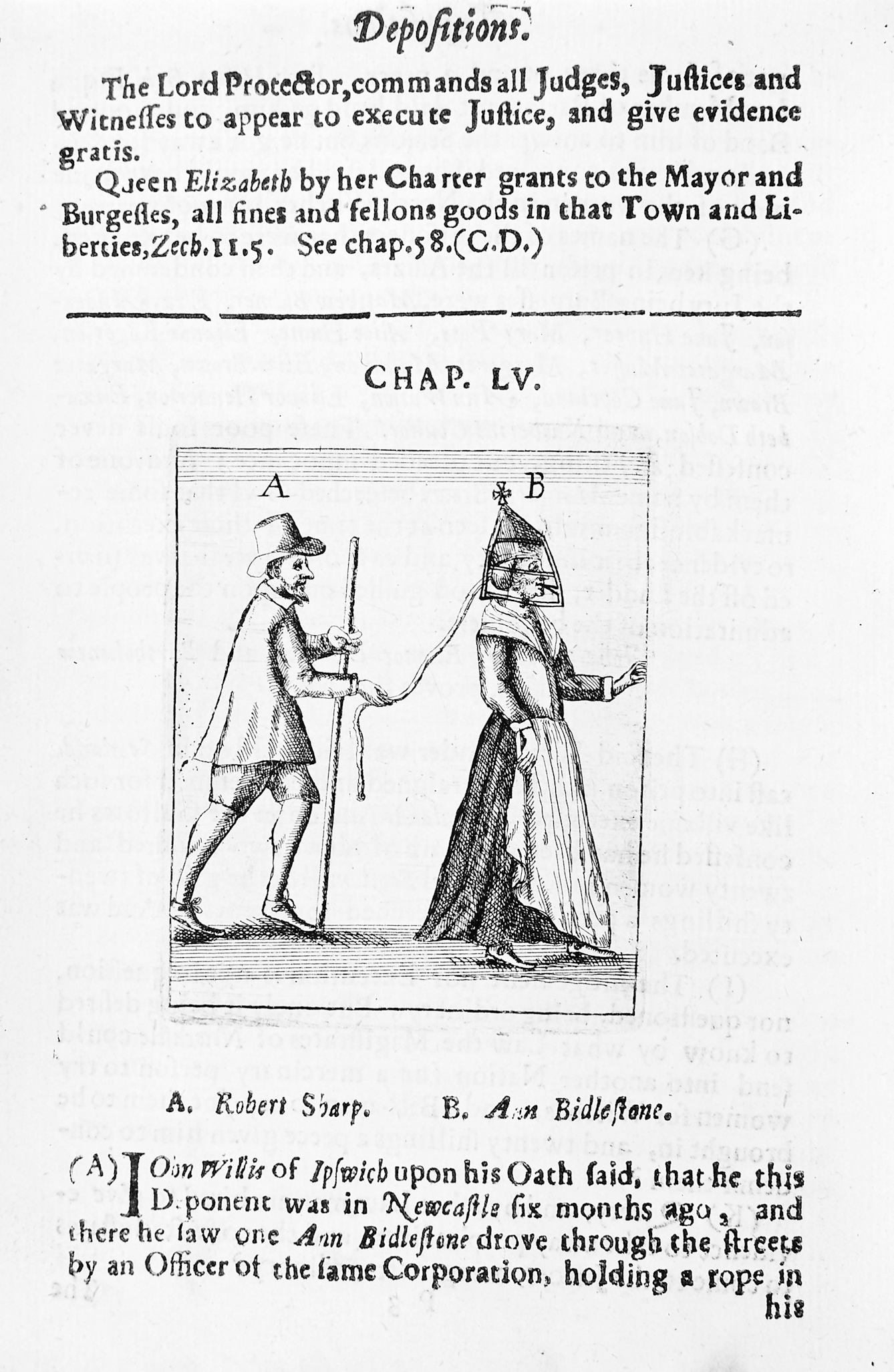 Black and white book illustration showing a man and a woman, the woman is on a leash and wearing a bridle.