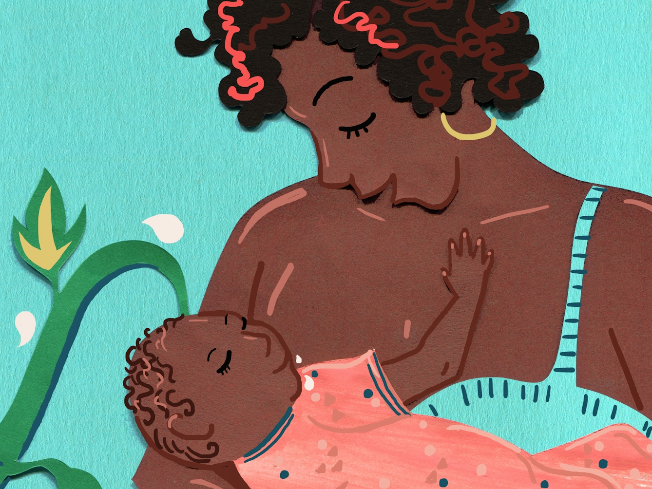 A mixed media illustration depicting a black mother breastfeeding a child. To the left there are green vines with patterned leaves and milk droplets in the background.