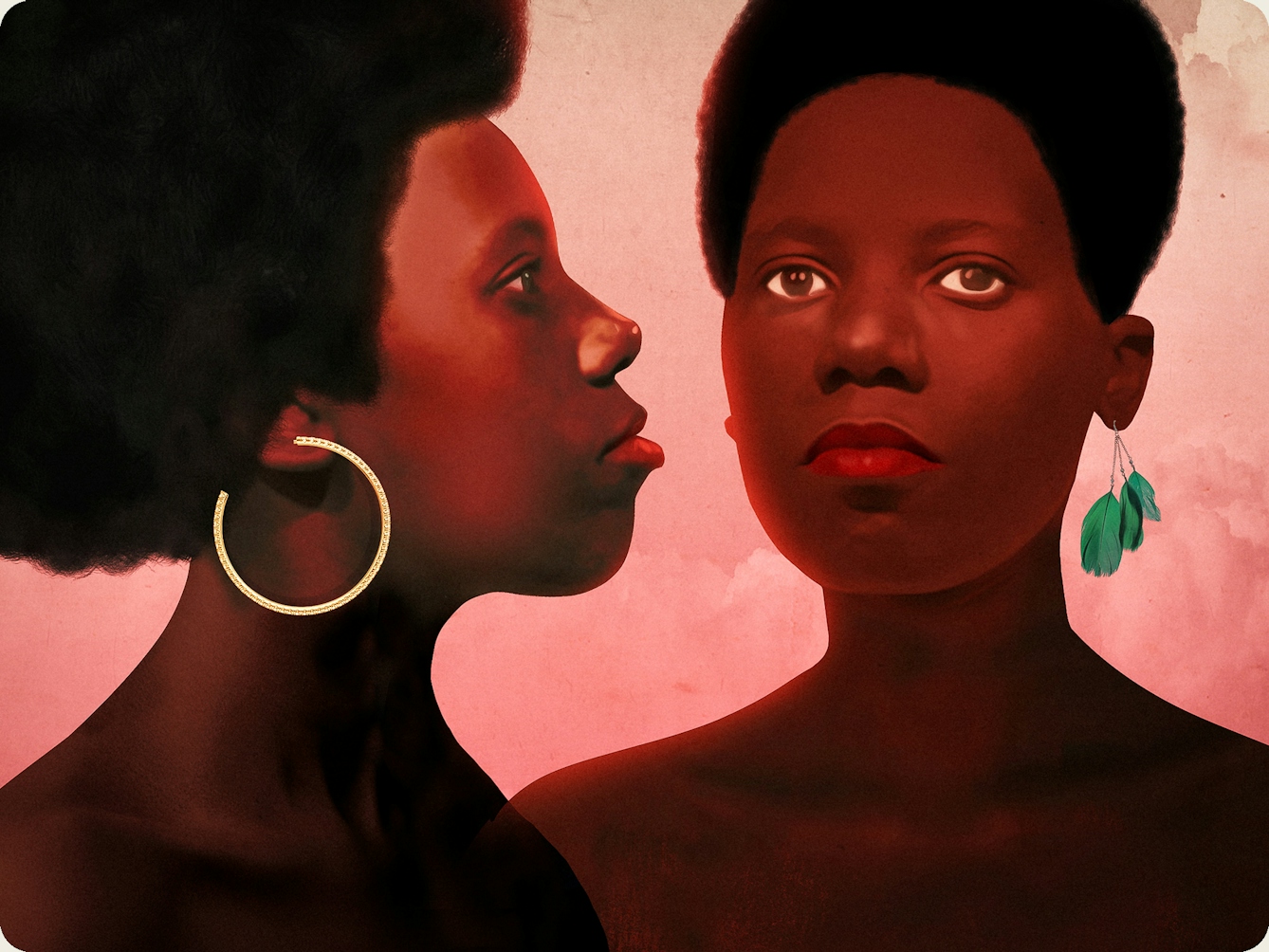Detail from a larger mixed media digital artwork combining found imagery from vintage magazines and books with painted and textured elements. The overall hues are reds and oranges, with elements of subtle greens. At the centre of the artwork are two young black women pictured from the shoulders up. One is looking straight out at the viewer with an earring in her left ear made up of a cluster of hanging green feathers. The other woman, placed to the left is pictured in profile looking towards the right. She has a large golden hooped earring in her right ear. They both have a strong confident expression on their faces. Behind them is a graduated pink and yellow/green sky containing fluffy clouds.