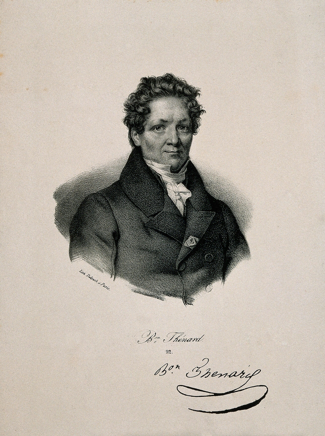 Black and white lithograph portrait, showing the head, shoulders and chest of a man, looking straight ahead. He has short dark hair, and he is wearing a smart double-breasted jacket with a white cravat.