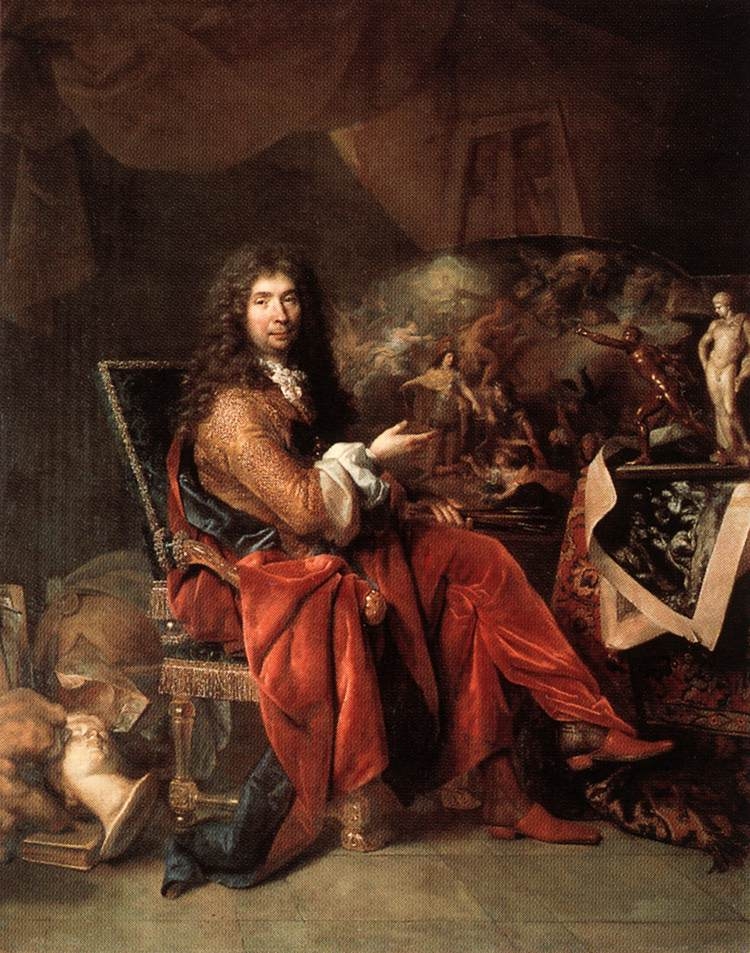 Painter Charles Le Brun seated in his art studio, gesturing at one of his paintings