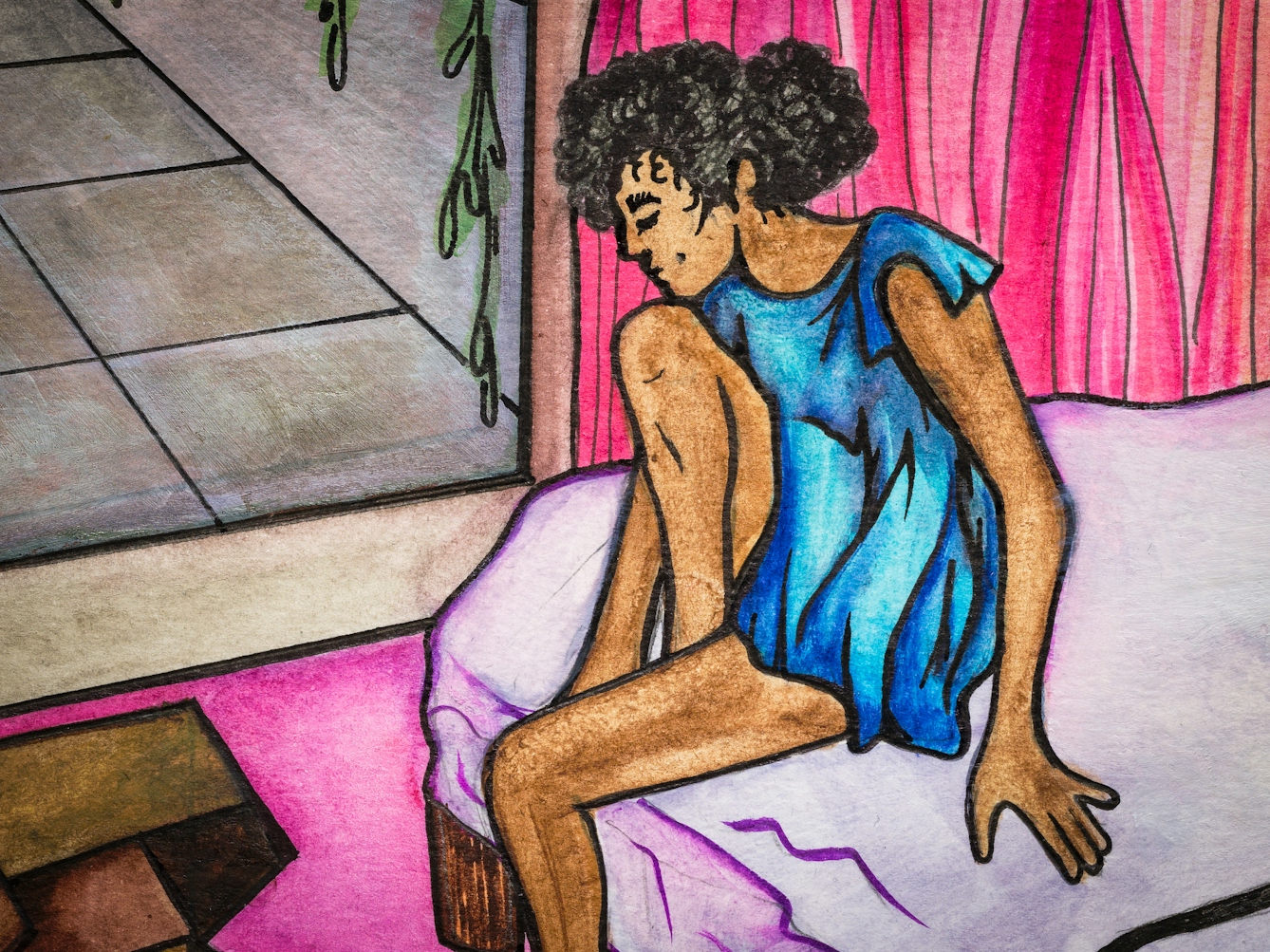 Detail from larger artwork made with paint and ink on textured watercolour paper. The artwork shows a scene in a bedroom with predominantly hues of pink, mauve and yellows. To the right is a double mattress on the pink carpet. Sat on the bed is a young woman in a blue dress.