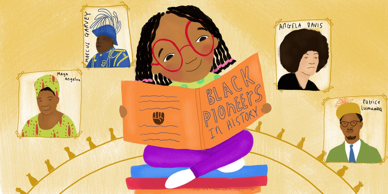 Digital colour illustration. The illustration shows a young girl in the centre of the image, of a Mixed ethnic background. She is sitting, cross-legged, on a pile of books. She is wearing bright red glasses and is smiling as she reads the large book she is holding in her hands. The book has an orange cover and the title on the front is 'Black pioneers in history'. Behind the young girl are 4 portraits taped to the yellow and orange coloured wall. The portraits are titled with the names of the people, 'Maya Angelou', Marcus Garvey', 'Angela Davis' and 'Patrice Lumumba'.