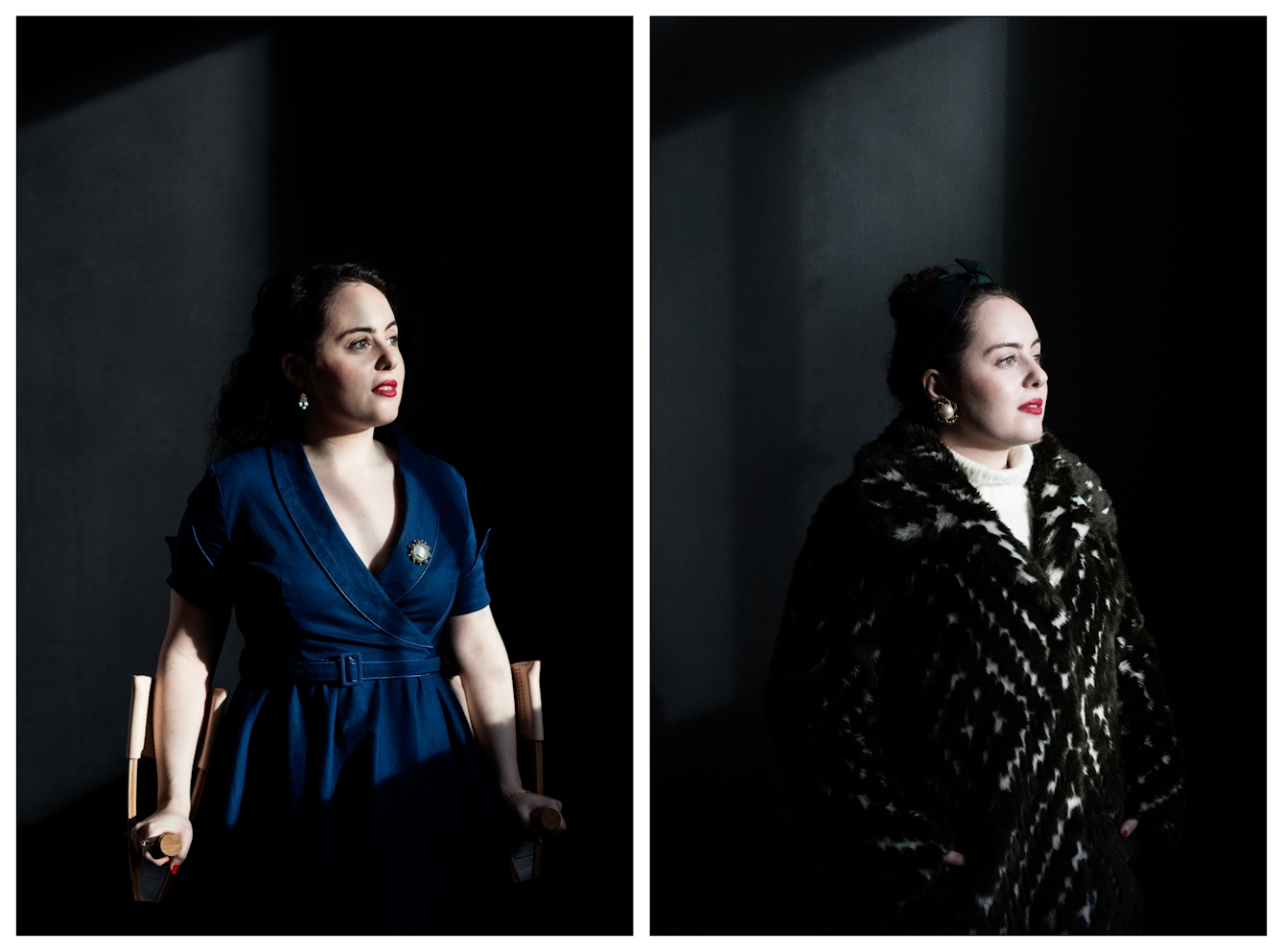 Photographic diptych. The image on the left shows a young woman in a blue dress with brooch standing looking towards the light of a window, right of camera. She is standing holding a crutch in each hand. The image on the right shows a young woman in a faux fur coat standing looking towards the light of a window, right of camera. In both images she is standing against a black background where the shape of the window is projected by the incoming sunlight.