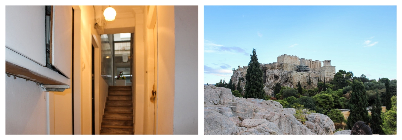 Photographic colour diptych. The image on the left shows the internal hallway of an apartment block. The scene is a warm tone due to the incandescent lighting. In the foreground is the staircase leading up to a corridor with front doors. The image Jon the right shows a landscape view of the acropolis in Athens, perched high on a rock face, surrounded by green trees. The sky above is a blight blue.