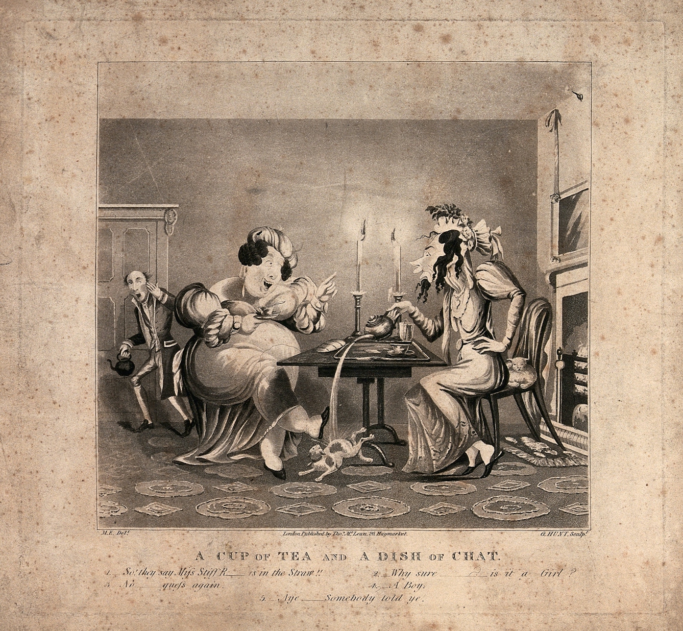 Black and white illustration showing two women sit at a table drinking tea and gossiping, and spilling tea on a cat. A man looks shocked in the background.