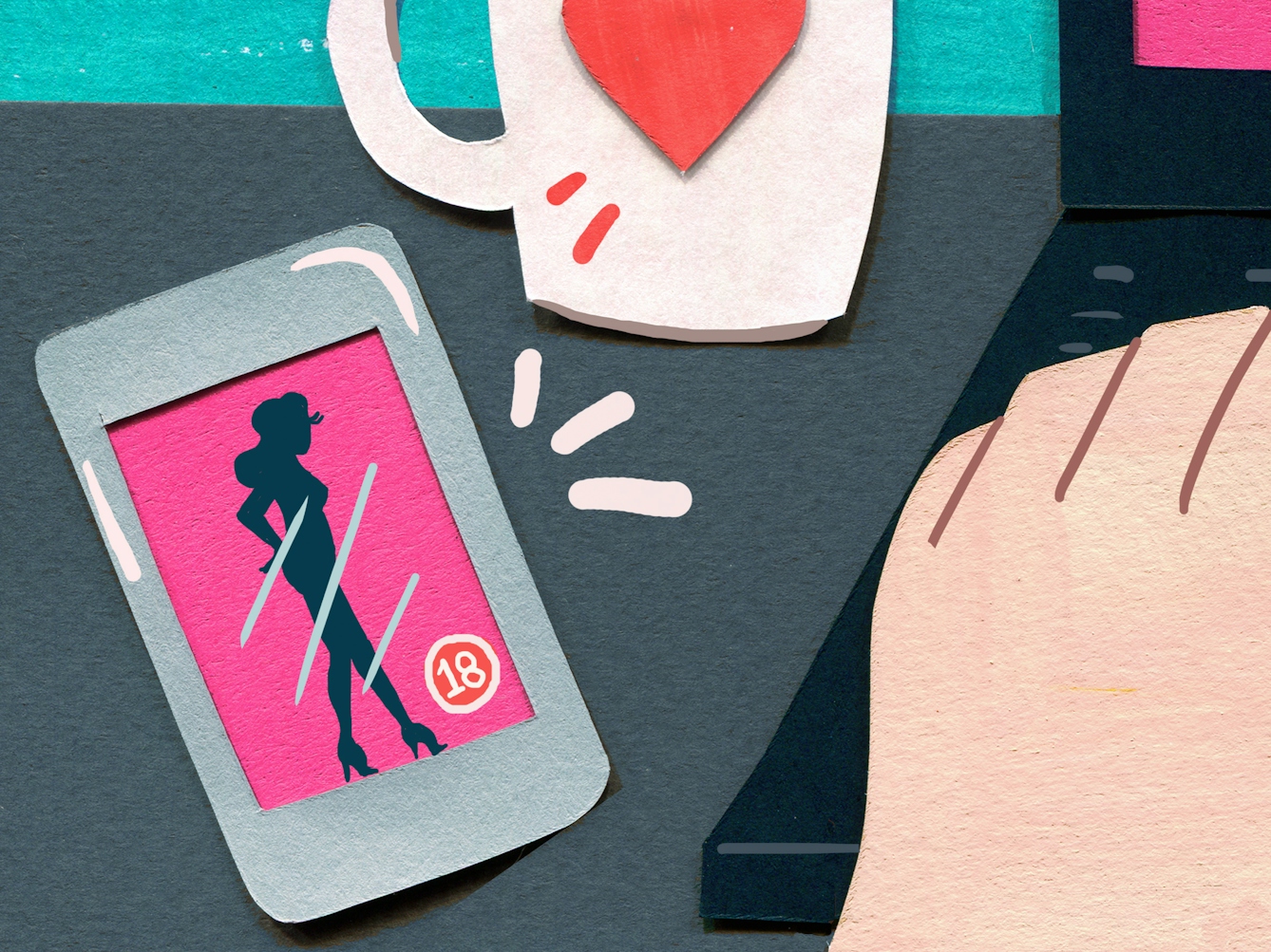 A mixed media illustration showing the screen of a mobile phone. The screen is displaying the silhouette of a naked women against a pink background.