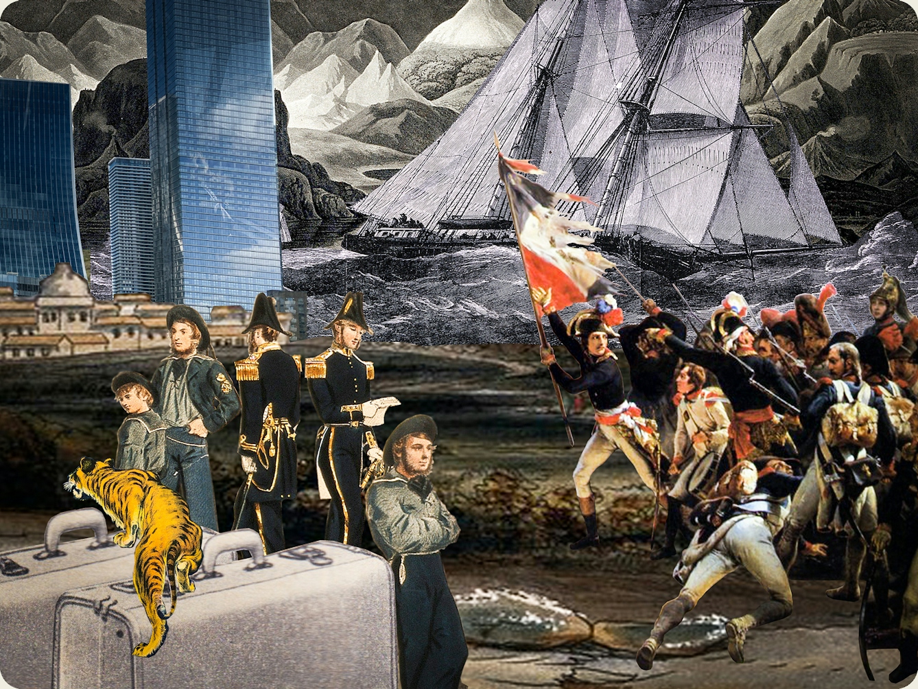 Artwork using collage. The collaged elements are made up archive material which includes vintage photographs, etchings, painted illustrations, lithographic prints and line drawings. This artwork depicts a scene with an urban and rural combined background, where high snow covered mountain peaks rise in the distance. To the left in the foreground are a couple of suitcases over which a tiger is crawling. Next to the suitcases a group of sailors are standing. To the far right a group of french revolutionary soldiers surge forward with a tattered flag. Behind them a tall ship in full sail crosses a section of ocean.