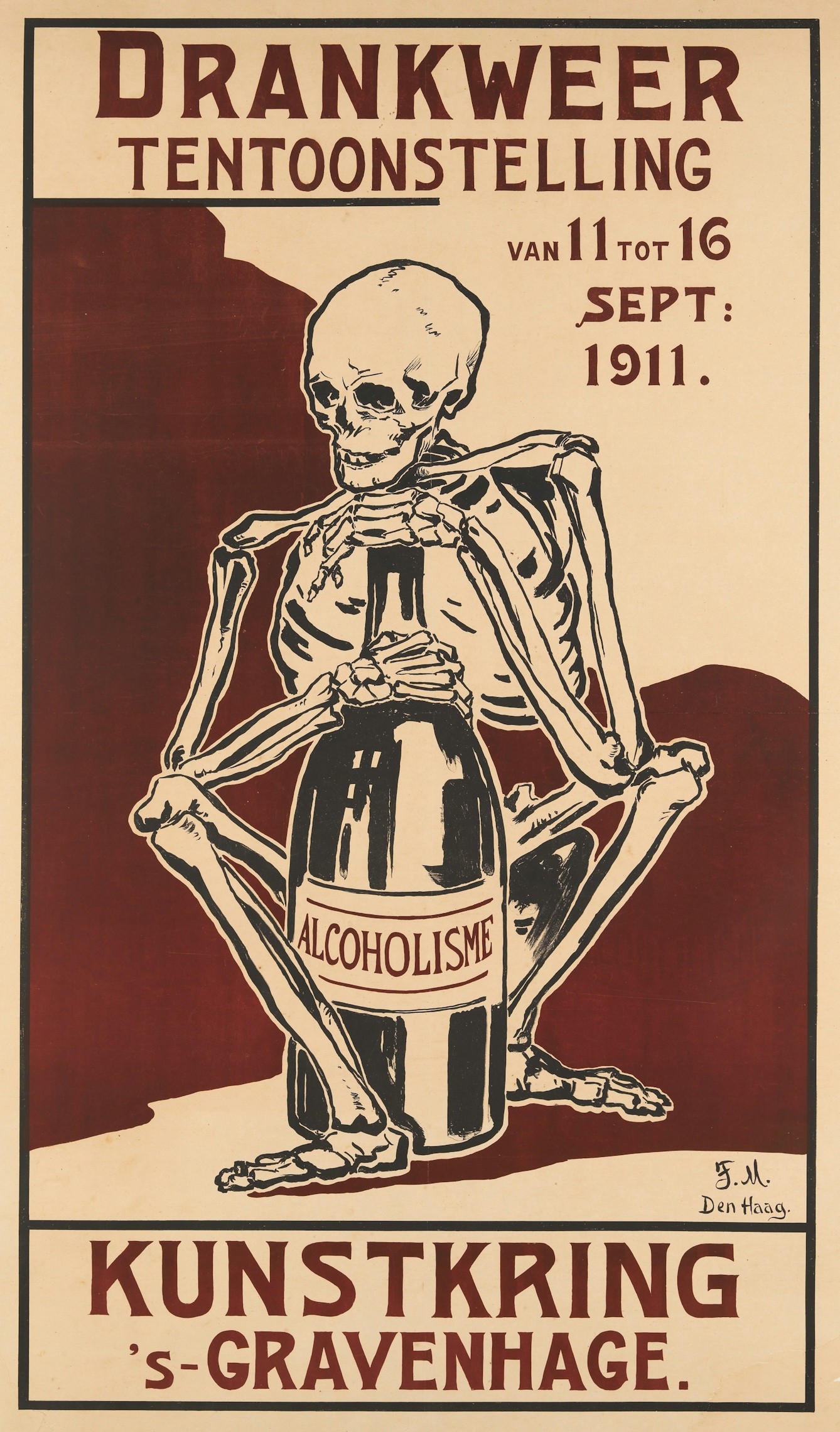 A poster showing a skeleton clutching a large bottle. Poster text in Dutch.