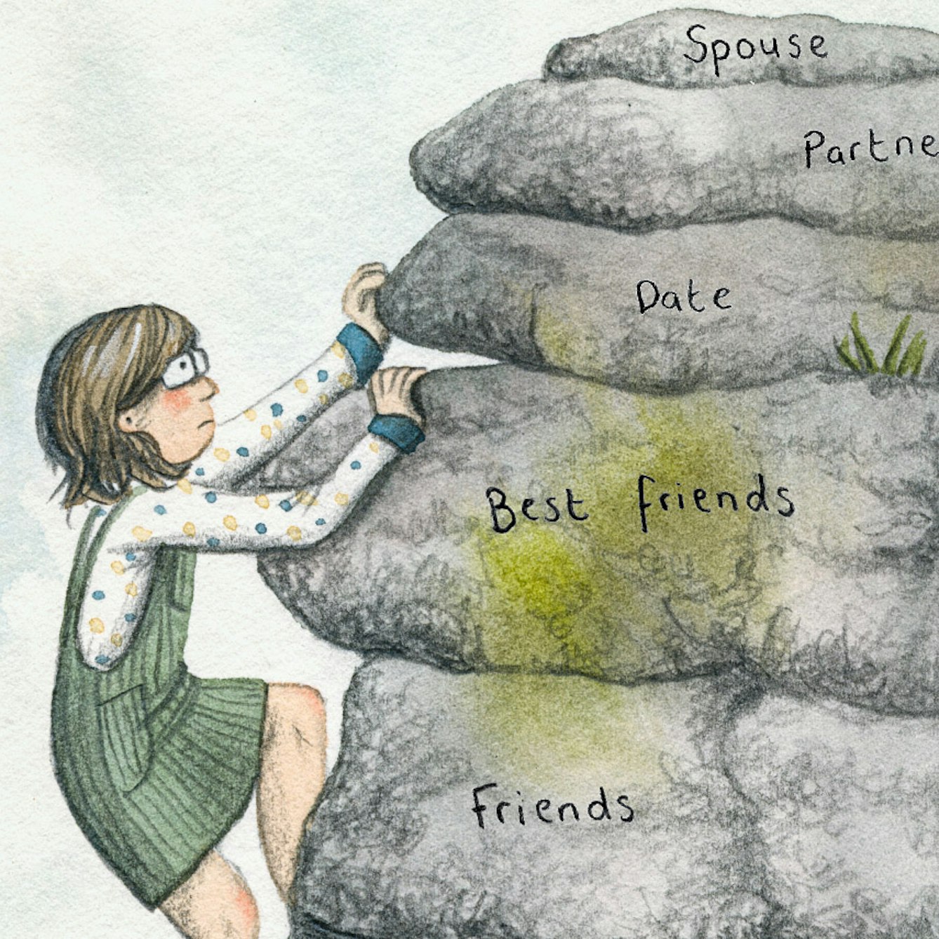 Colourful illustration showing a person with shoulder length brown hair climbing up a stack of rocks. They are wearing glasses, a polka dot top and a green dungaree dress. Each rock has text on it, reading from bottom to top 'Friends. Best friends. Date. Partner. Spouse'.

Inset to the main illustration is a panel showing a hand placing a small rock on top of the pile. Text above reads '... with sex at the very top'.