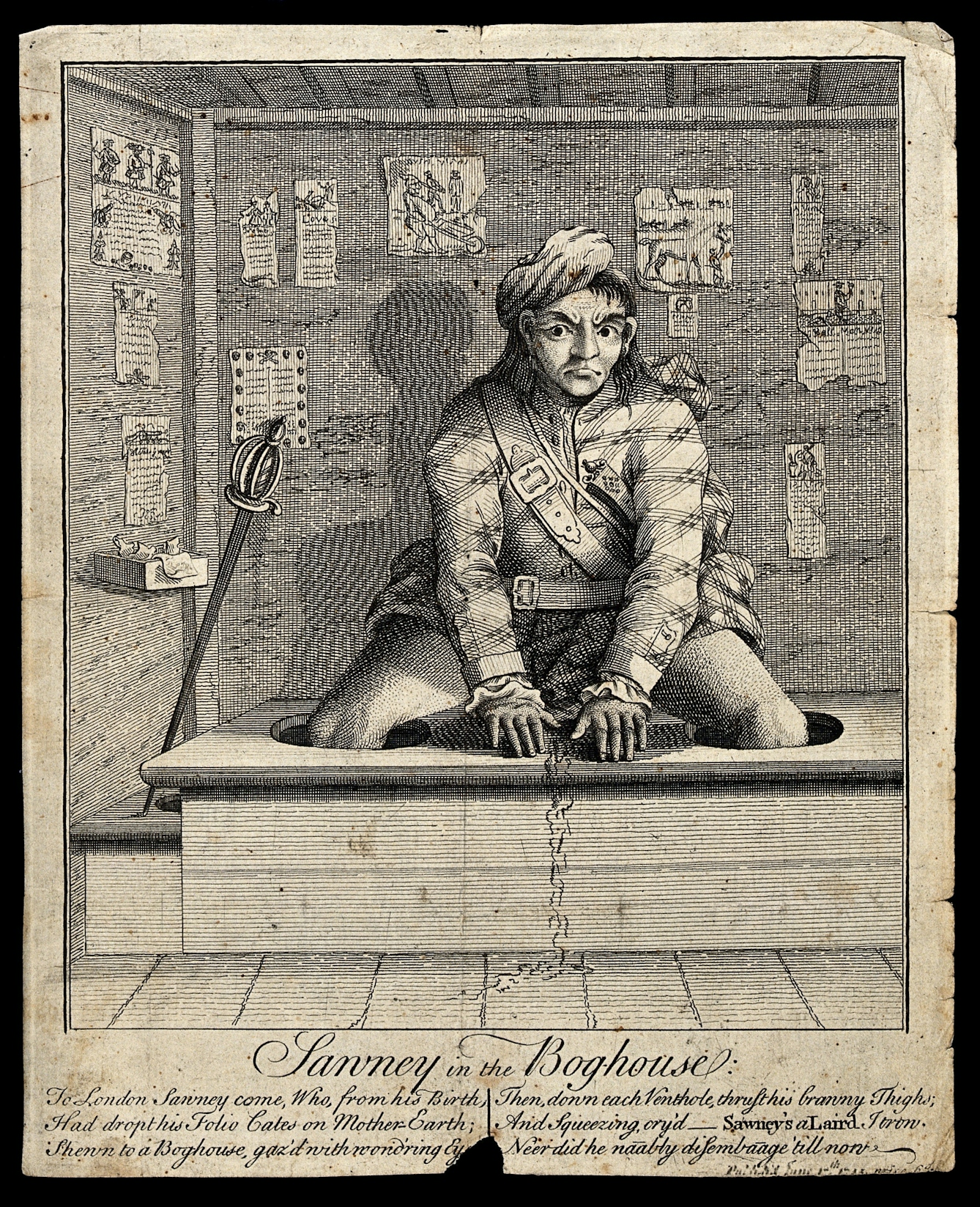Engraving showing a Scotsman (wearing a kilt, tartan jacket and beret) using a lavatory. He is seated on a latrine with his legs thrust down the holes in the board and his hands placed before him; his urine trickles over the edge of the toilet. To his right are his sword and a box of paper.