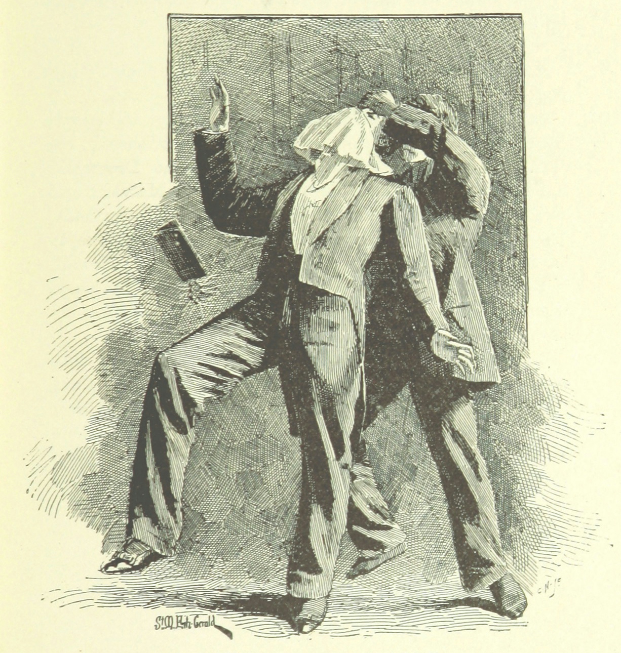 Black and white book illustration showing a man being attacked by another man, who holds a large hanky over his victim’s face