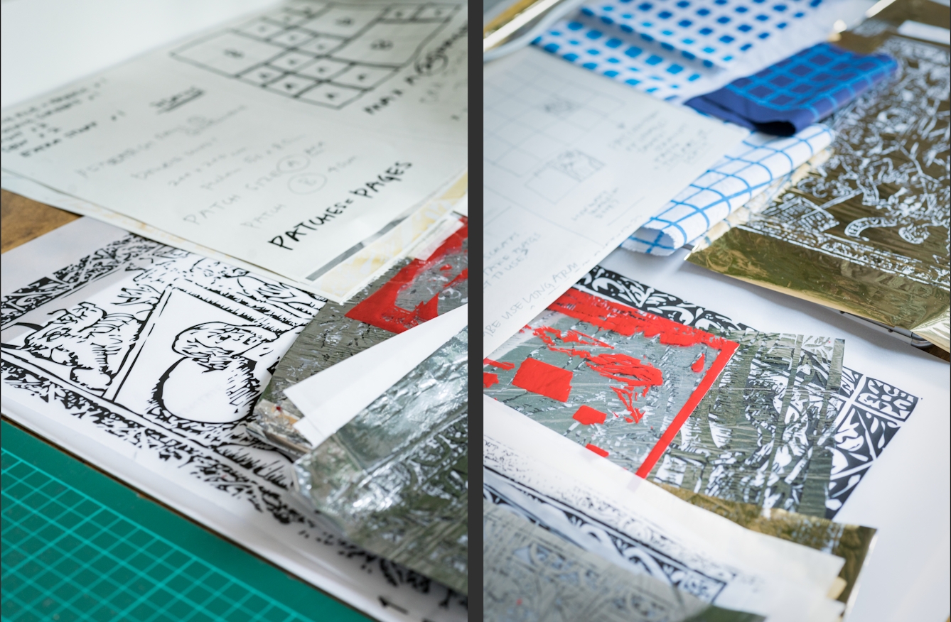 Photographic diptych, both images showing a table top containing sheets of sketches and foil screen printing masks in gold and silver.