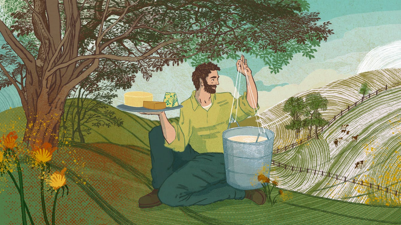 A digital illustration of a farmer in a field holding dairy products. The farmer is a white male with a dark beard, he is sat on the ground under the branches of a large tree. In his right hand is a large plate with various types of cheese, in his left hand is a pail full of milk. In the foreground there are yellow dandelions and in the background we see rolling hills with fences and a small herd of cows.