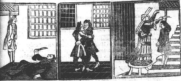 Black and white three-part image featuring (from left): a man with a knife on the floor and a man being hanged, two men embracing, and a woman cutting a figure down from being hanged