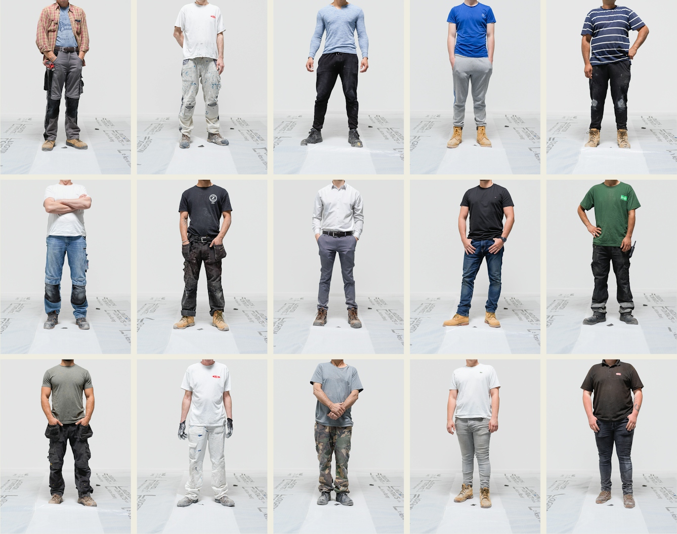 A five across by three down grid of photographs, each showing a male buildervfrom the neck down against a grey background. Each man is wearing a different outfit depending upon his trade.