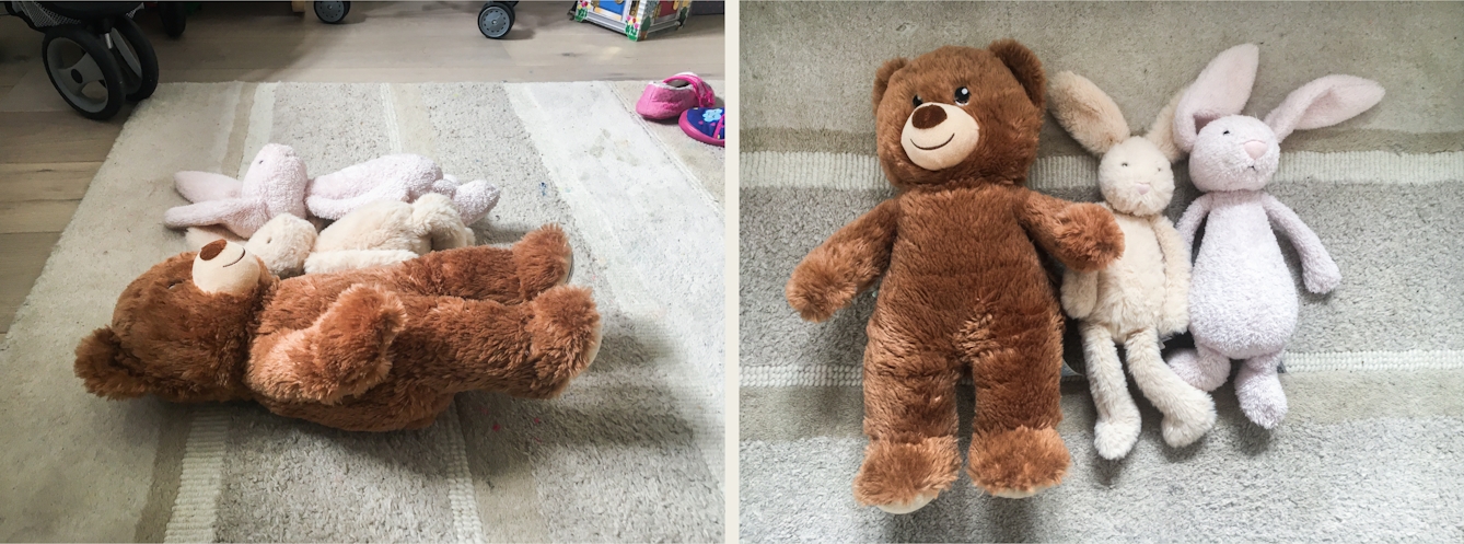 Photographic diptych. The image on the left shows a line of three soft toys lying on their backs on a grey stripy rug with a thick pile. The toys are viewed from the side and from a low angle. A large brown teddy bear can be seen at the front, with two smaller bunny rabbits in orange and pink in the distance. The image on the right shows the same three soft toys but from overhead looking directly down.