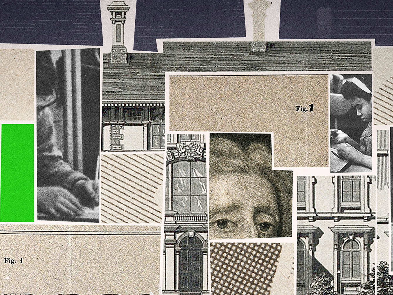 Crop from a larger digital collage. Shown is a building, labelled 'City of London Orphan School, Brixton'. The building's interior is filled with different collage elements, including newspaper headlines reading 'Eugenics', 'Second Boer War' and 'Birth Control'. There are also black and white photos of Francis Galton, John Locke and Sidney Webb. The remainder of the building is filled with green and sepia shapes. 