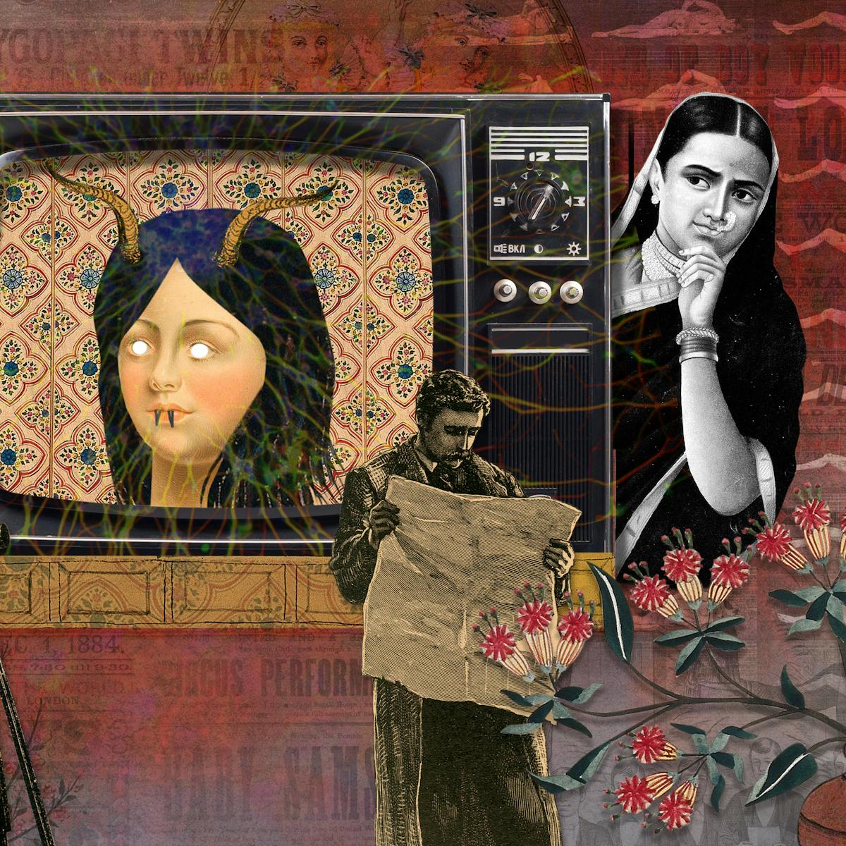 Illustration using collage techniques. Image shows a scene made up of mainly red and purple hues. In the centre of the image is a tv screen with the head of a woman, her eyes replaced with white dots and horns growing out of her head. To the right of the tv a woman in black and white looks towards the screen her left hand holding her chin. Beneath the screen a man reads a newspaper. To the left of the screen an group of people look towards the screen, one has a camera, another clasps his head with his hand. Around the border of the image are palm leaves and a some flowers in a ceramic vase.