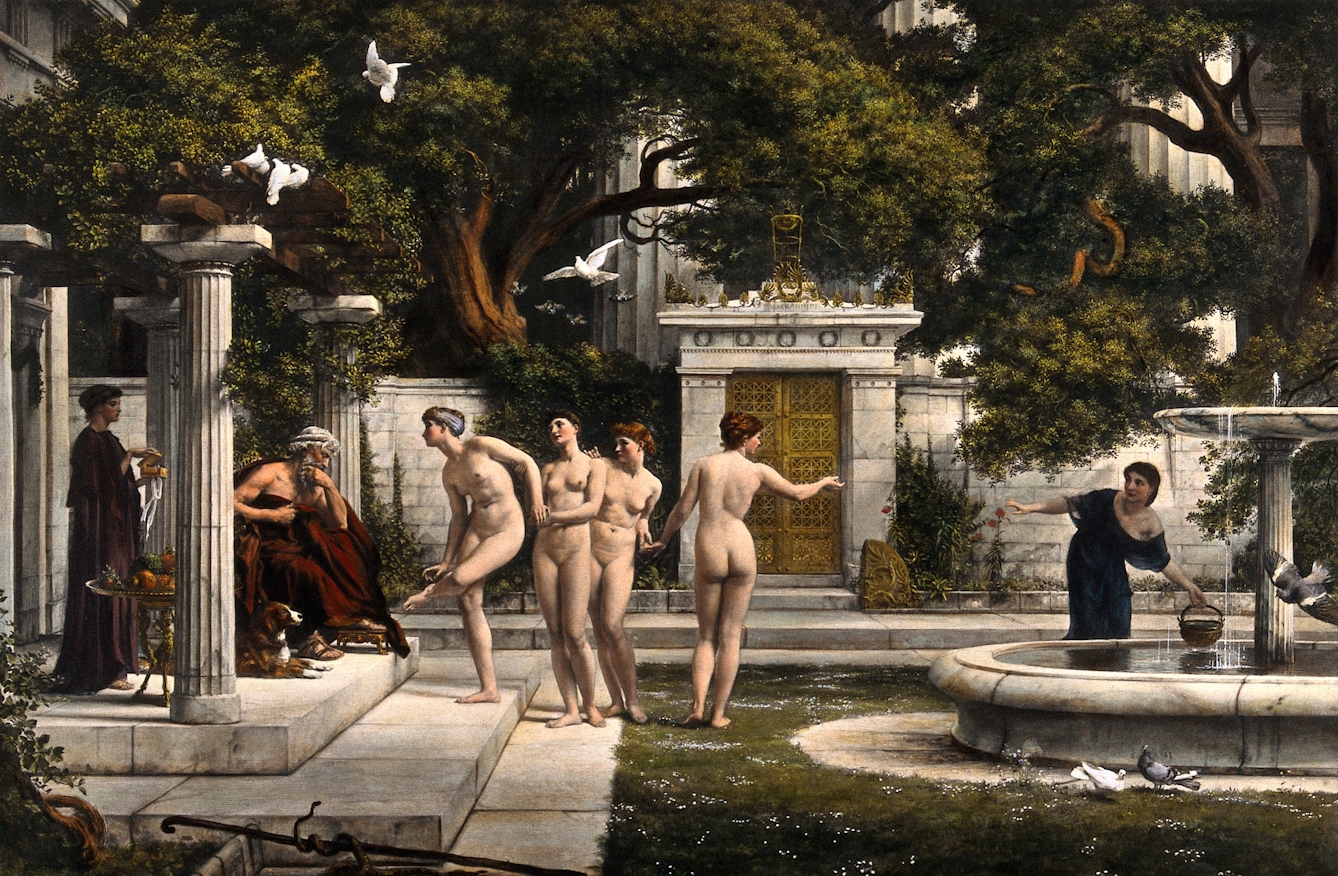 Colour print showing women representing Venus and her handmaidens consulting the god of healing, Aesculapius. The women are in a row and each indicates her ailment by clutching part of her body, whilst a woman scoops water from a fountain nearby.