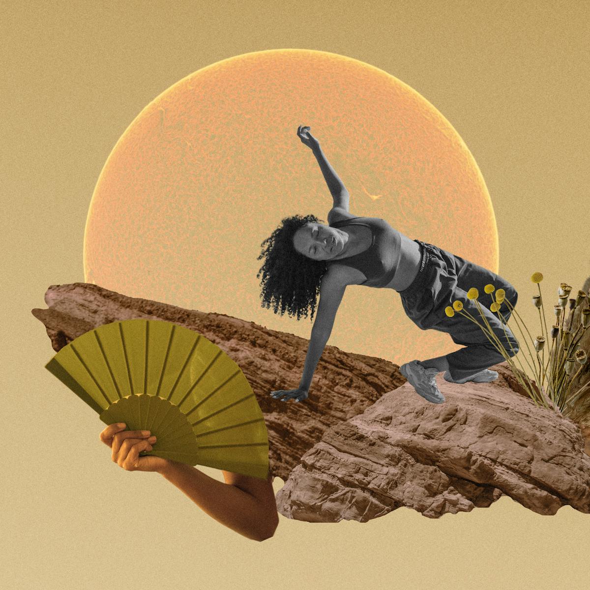 Digital collage artwork made up of yellow, orange and black and white hues. An older woman dressed in a vest, tracksuit bottoms and trainers energetically jumps over a sandy rock outcrop. Behind her is a large burning sun. The rocks are adorned with an arm holding a concertina fan, a cupped hand holding grains of sand and various dried grasses and seed heads.