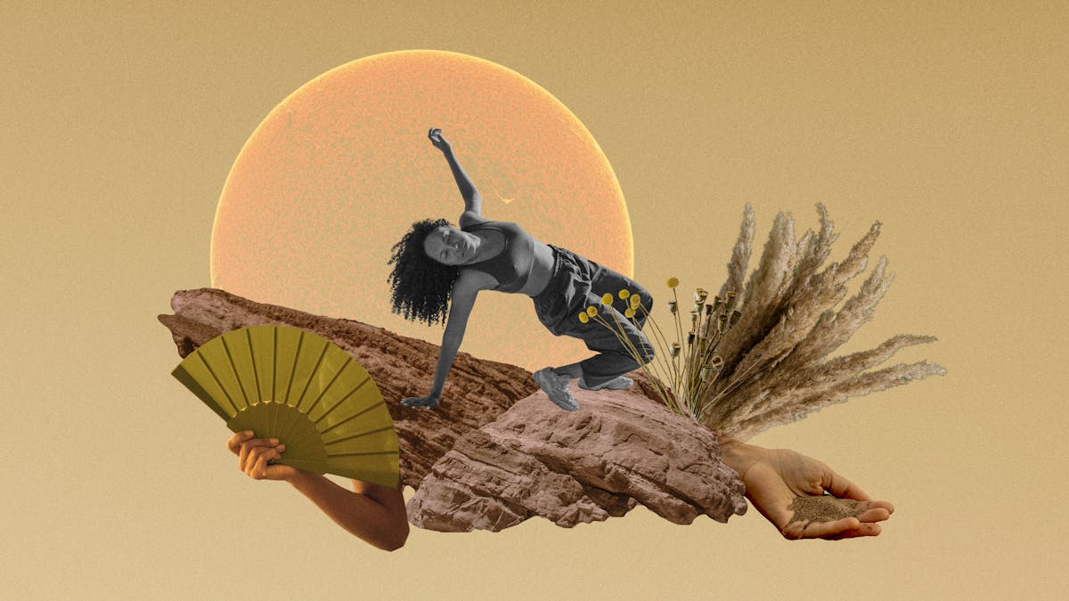Digital collage artwork made up of yellow, orange and black and white hues. An older woman dressed in a vest, tracksuit bottoms and trainers energetically jumps over a sandy rock outcrop. Behind her is a large burning sun. The rocks are adorned with an arm holding a concertina fan, a cupped hand holding grains of sand and various dried grasses and seed heads.