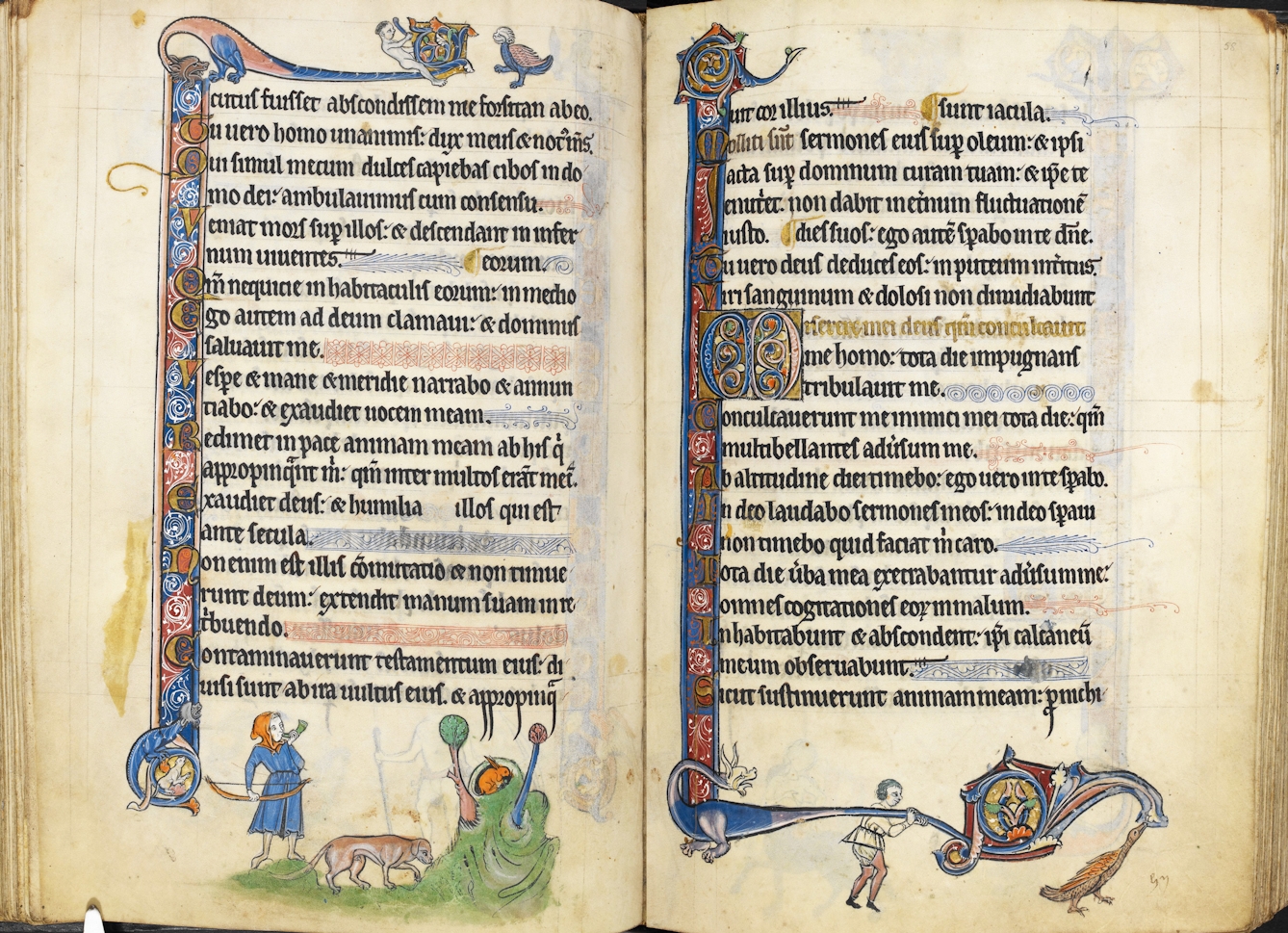 Double page spread from a 13th century manuscript, 'The Rutland Psalter' showing ornate latin text with a highly patterned left border on each page. Below the text are fantastical illustrations of a man carrying a bow and blowing a horn out hunting a rabbit with his dog on one page and a man carrying a dragon's tail that turns into a patterned shape being pecked by a large bird at the other end.