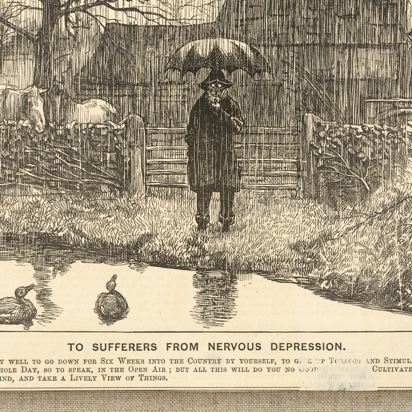 Photograph of a wood engraving from a 1869 newspaper, showing a depressive man holding an umbrella, standing by a country pond in the pouring rain. Beneath the engraving is the title, 'To sufferers from nervous depression'.