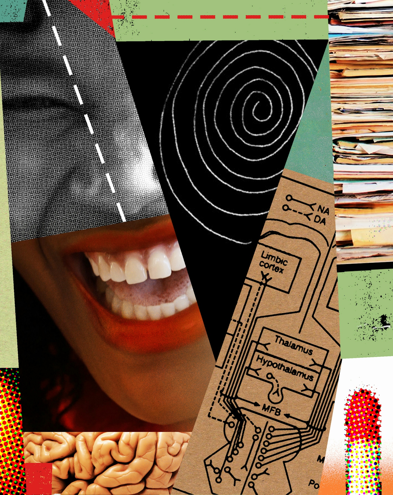 Detail from a larger digital montage artwork made up of archive illustrations, photographs and graphical shapes. The overall hues of the artwork are reds, greens and blacks. There are a number of references across the artwork including a laughing face, a match and a wiring diagram representing links within the human brain.