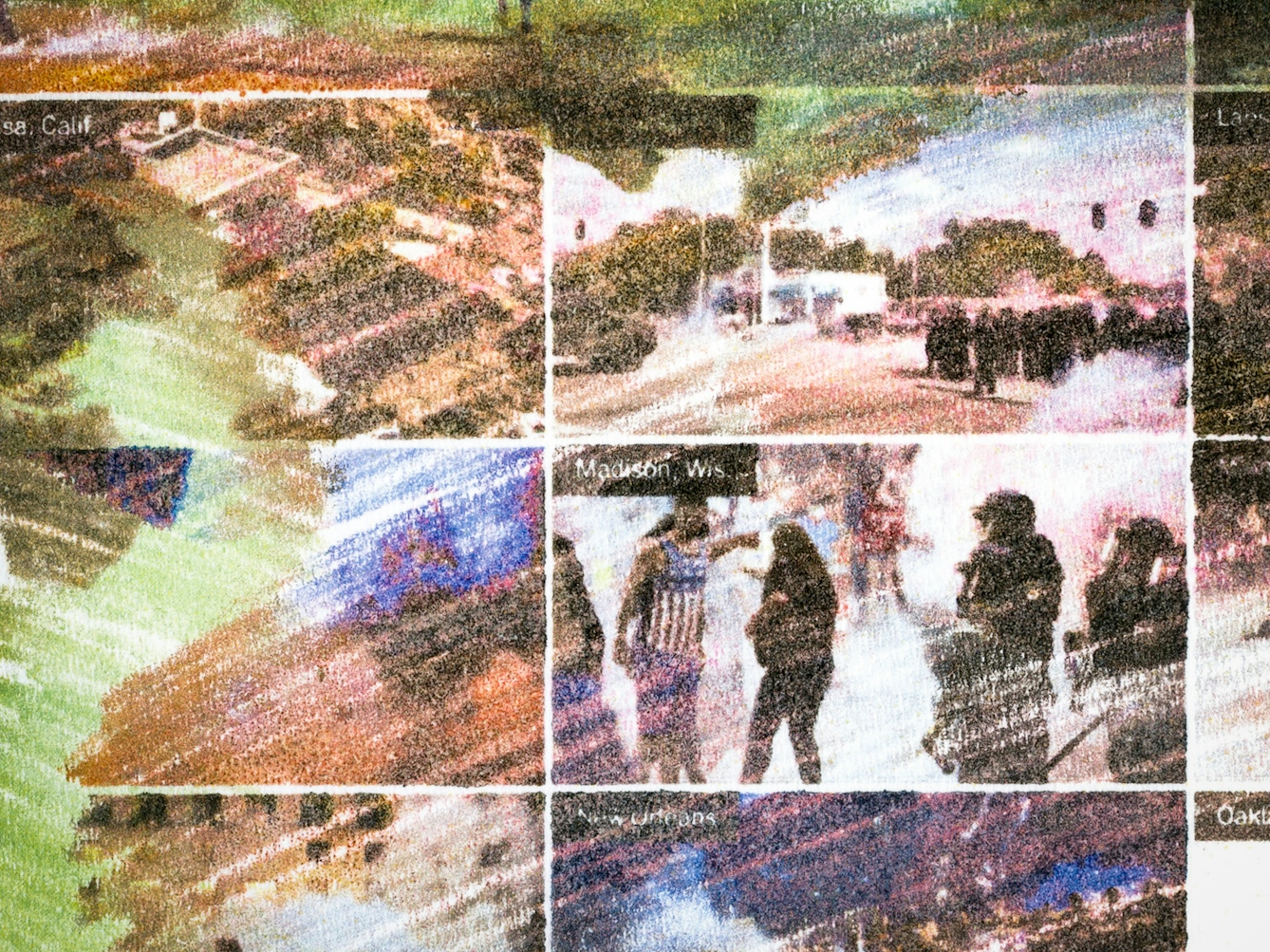 Detail from a larger paper artwork showing a grid of colour images which have been artistically distressed with coloured overlaid brush strokes. The images are all from demonstrations in the USA and show protestors surrounded by clouds of tear gas and confrontations with law enforcement officers. In the corner of each small image is a small block of text which gives the location such as 'Oakland, Calif', Portland, Ore'.