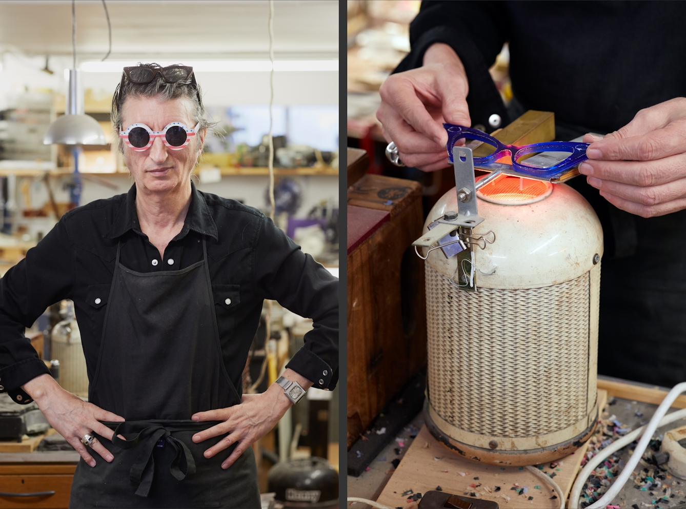 Photographic diptych. The image on the left shows a man in a black shirt and apron standing with his hands on his hips looking to camera. He is wearing a pair of round spectacles which have red and white stripy frames. The image on the right shows a close up view a pair of blue spectacle frames being heated over a cylindrical heater.