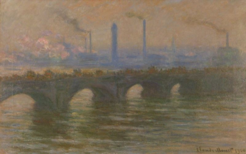 Impressionist painting of Waterloo Bridge in soft colours with smokestacks and chimneys of the city behind.