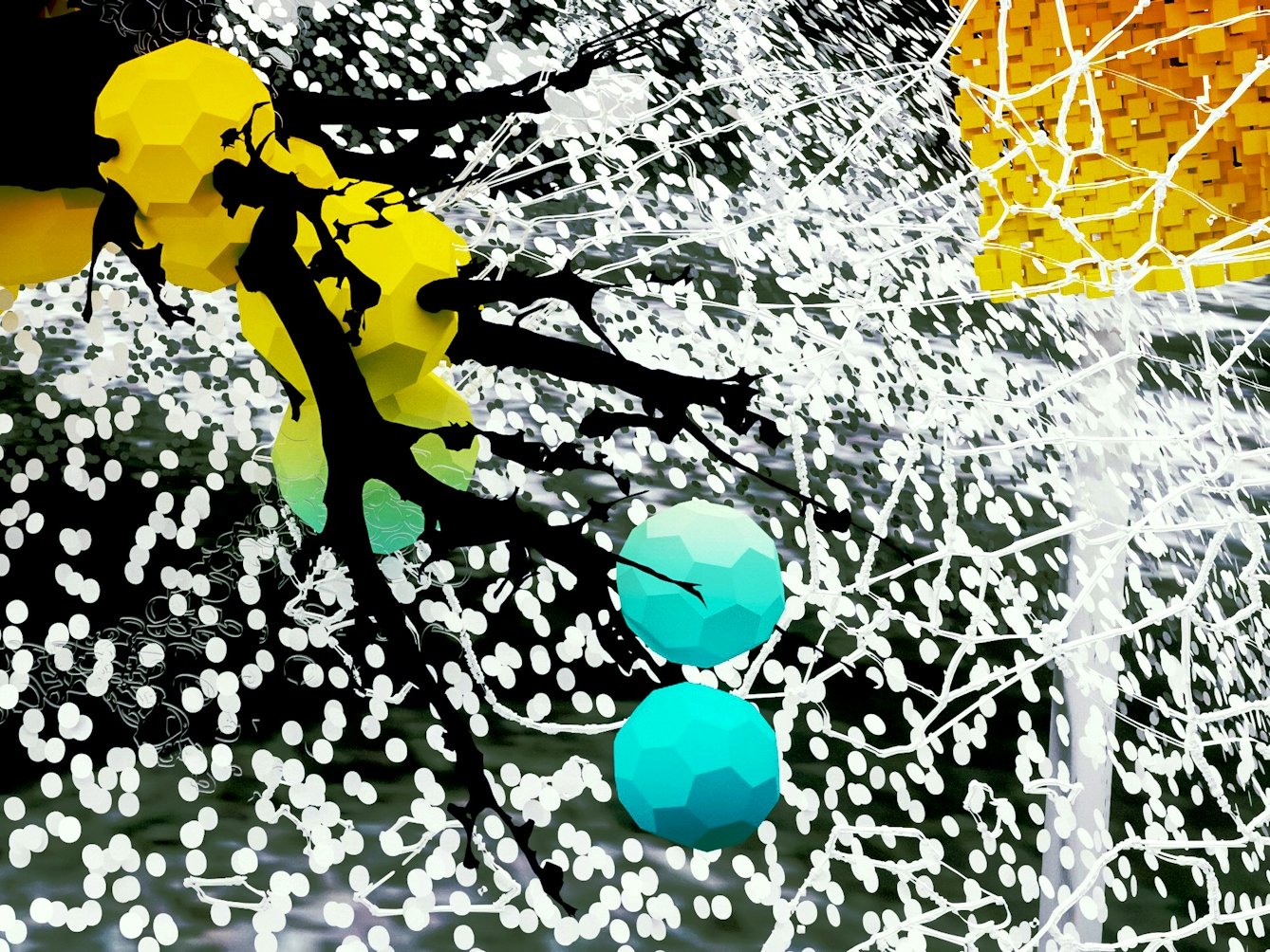 Mixed media artwork depicting a detail from a larger diorama. The scene is rich in details. The background is pure black, on top of which are the elements of the image. In the centre is a black tree-like structure with branches reaching out in all directions. In some ways it resembles the bronchial tubes of the lungs. Impaled on the branches are geometric 3D orbs made up of hexagonal sides. They are brightly coloured, yellow, orange and blue.