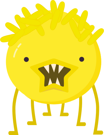 Cartoon image of virus as a bright yellow bug with sharp teeth and spiky hair.
