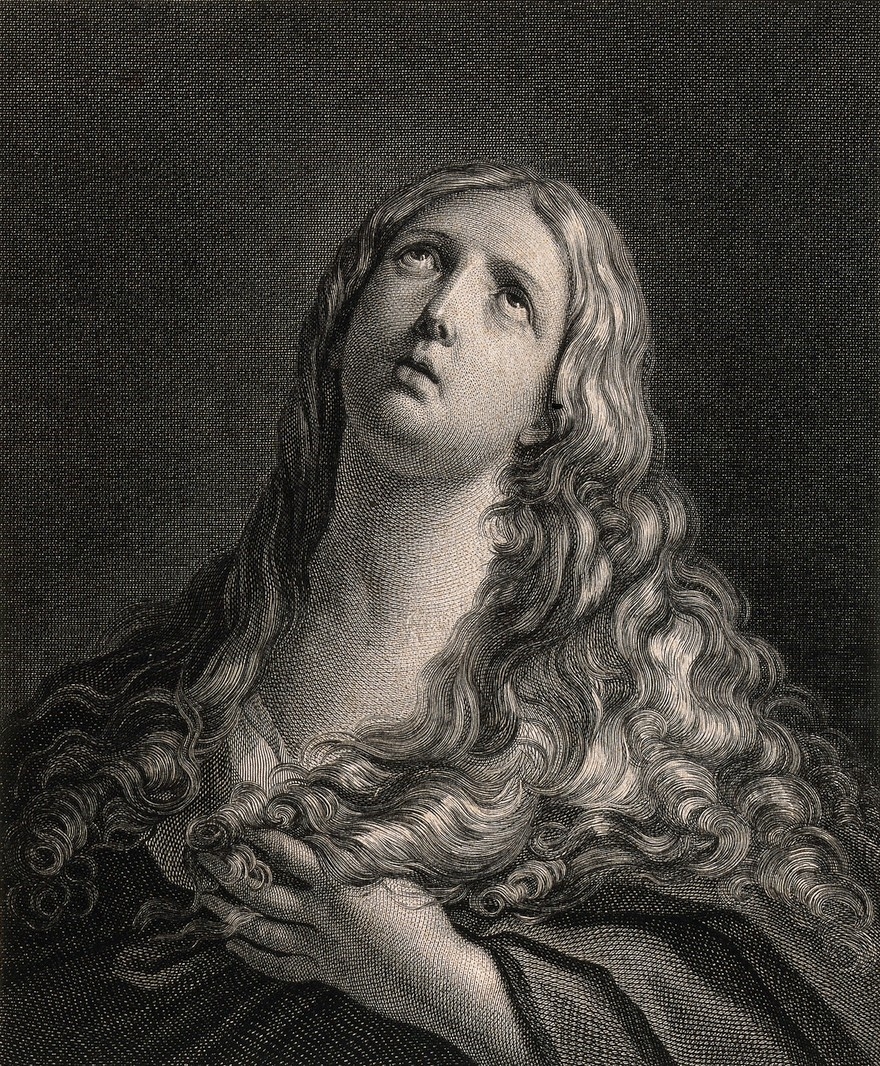 Black and white headshot drawing of Saint Mary Magdalen, looking upwards.