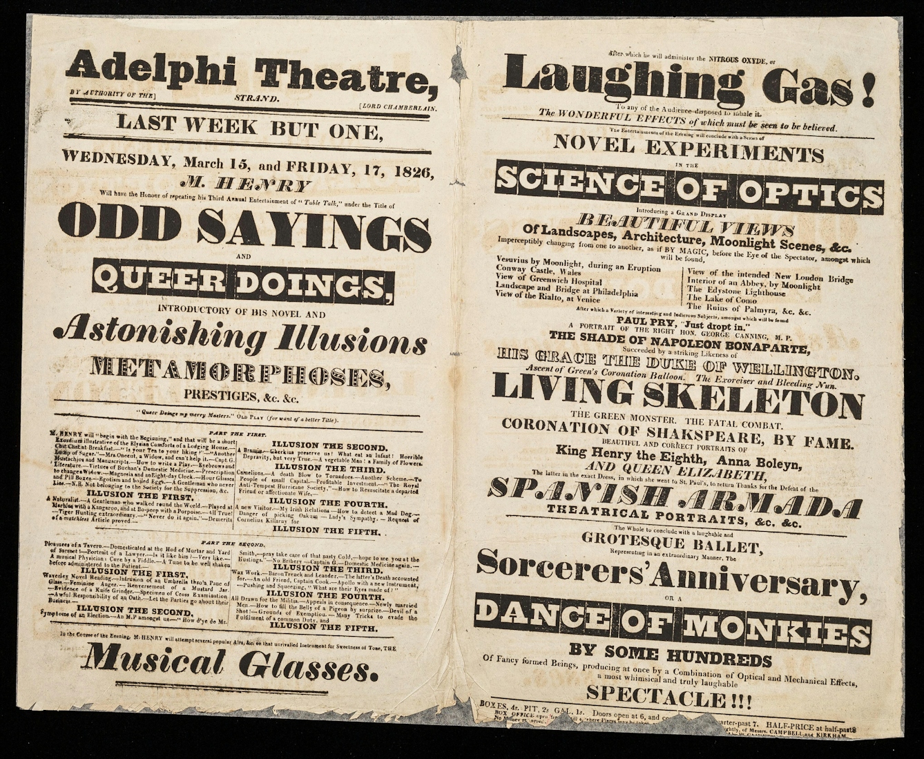 A crudely printed advertising leaflet for the Adelphi Theatre, Strand, London promoting different spectacles including Odd Sayiings and Queer Doings, Laughing Gas, Novel Experiments of the Science of Optics and a Living Skeleton.