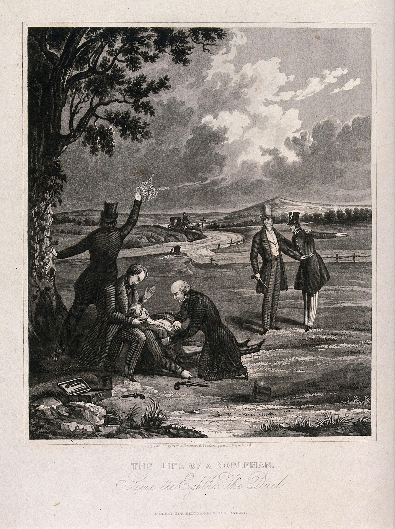An aquatint of man laying on the ground injured after taking part in a pistol duel. Several men are providing medical care, whilst another man attempts to attract the attention of a carriage in the distance. Two other men stand watching.
