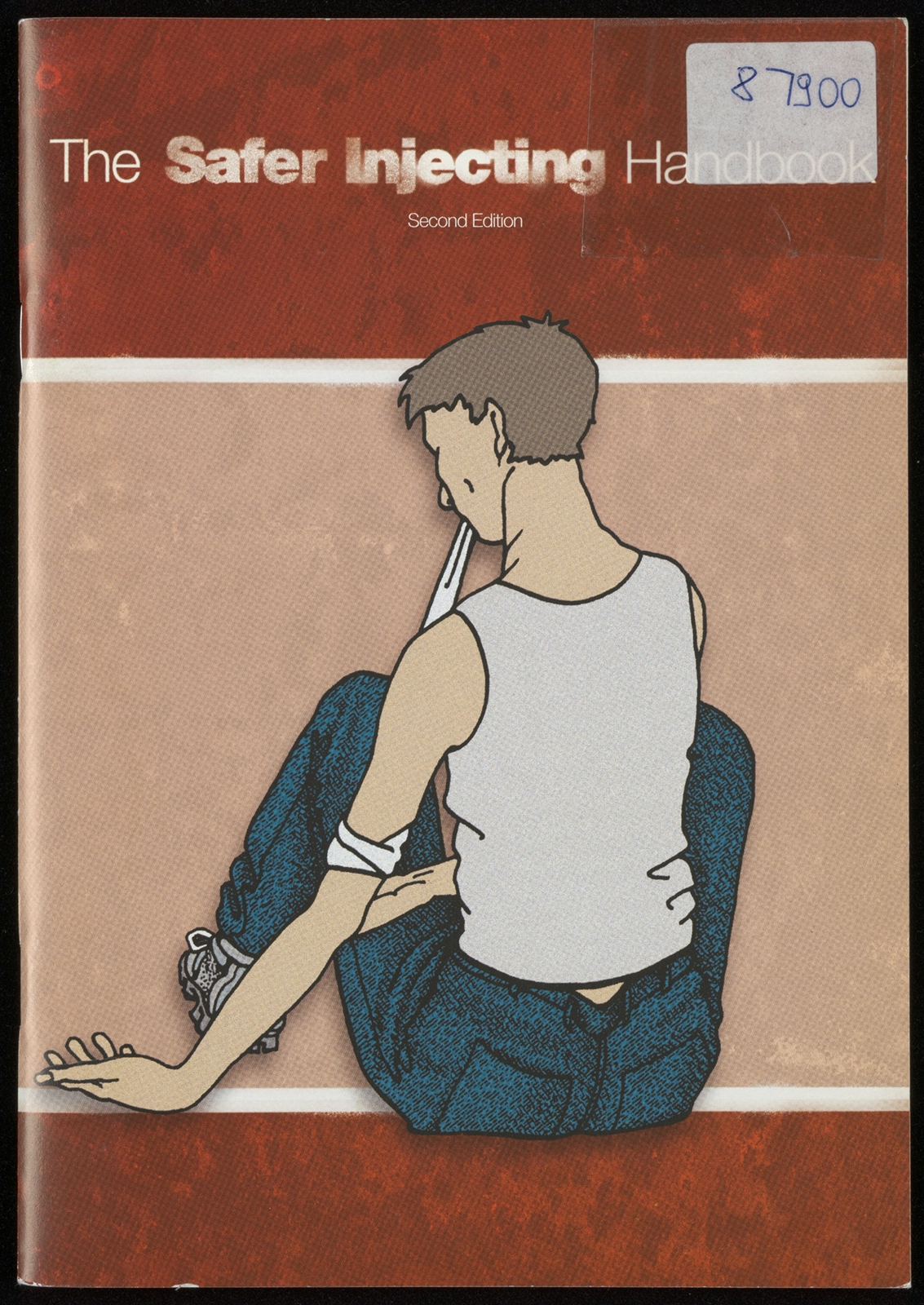 Red and pink pamphlet front cover, with an illustration of a person sitting down with their back to us, preparing to inject.