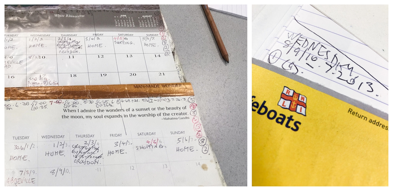 Photographic diptych. The image on the left shows a section of a monthly calendar planner, covered in annotations. It rests on a grey office desk, next to a pencil. The image on the right shows a close-up detail of the corner of a lined scrapbook page. The handwritten words, 'Wednesday 8/9/10.7.2013' appear. Underneath which is a pasted in yellow envelope from the RNLI.