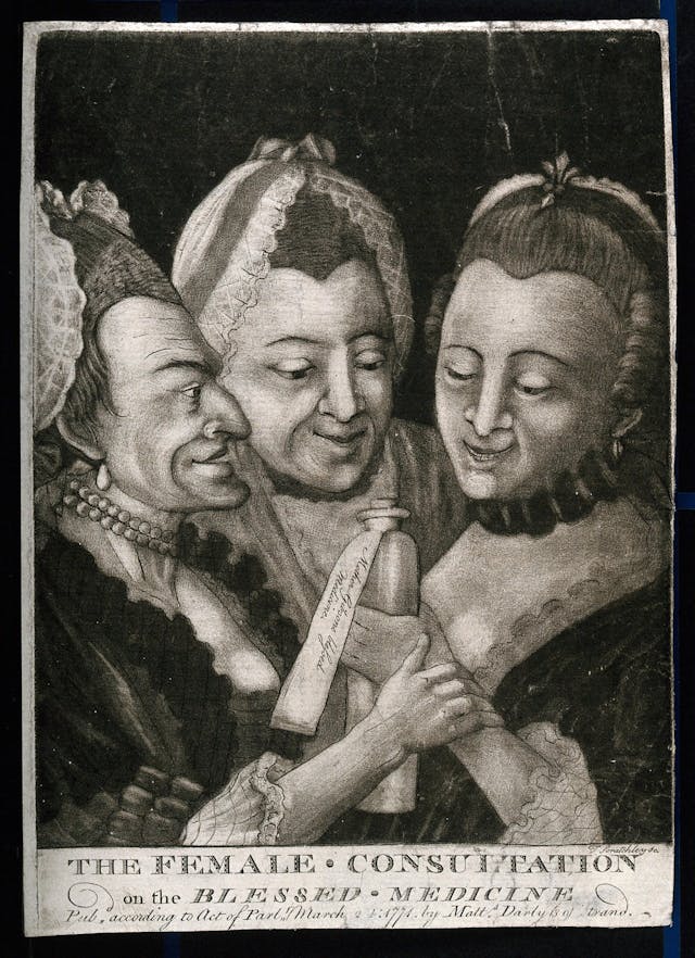 Black and white mezzotint image showing three women huddled eagerly around a medicine bottle. The bottle