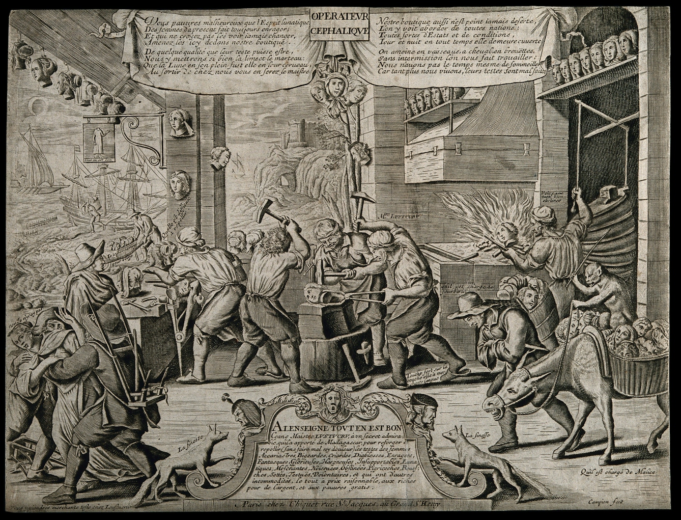 Black and white illustration showing men hard at work in a forge. They are forging women’s heads.