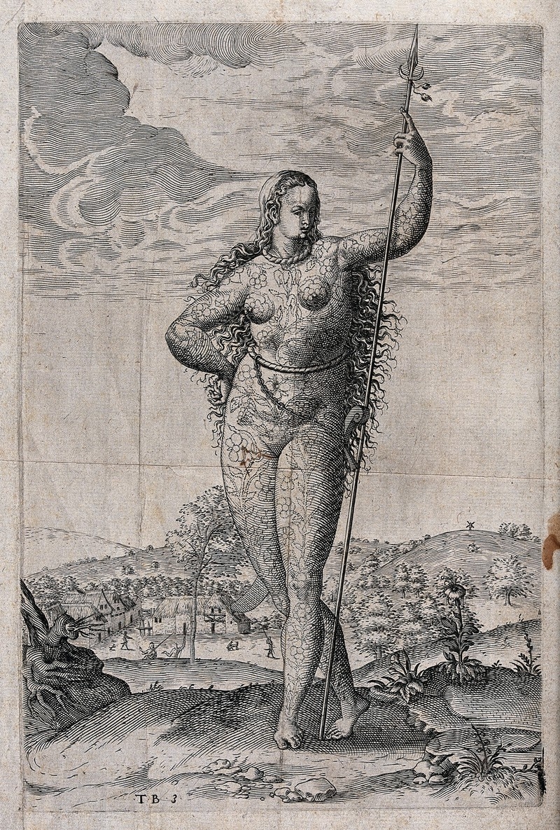 Etching of a naked lady covered in floral tattoos standing in an open landscape.