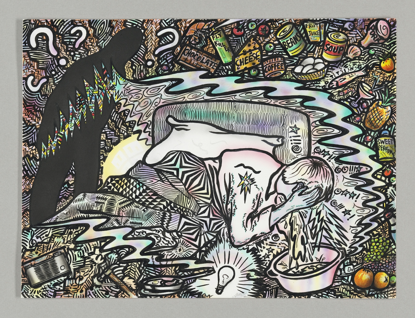 Intensely cluttered and artwork in black line drawing, coloured in details. A man lies in bed and leans over to vomit into a bowl while clutching his head. Behind him are tins of food, fruit, eggs, a cocktail, chocolate, beverages and other food. The rest of the background, merging into the bedding is zigzags and patterns of wavy lines and other graphics. An ominous silouhetted figure leans in towards the bed behind him. The figure is surrounded by question marks. A lightbulbe shines on the floor next to the bowl.